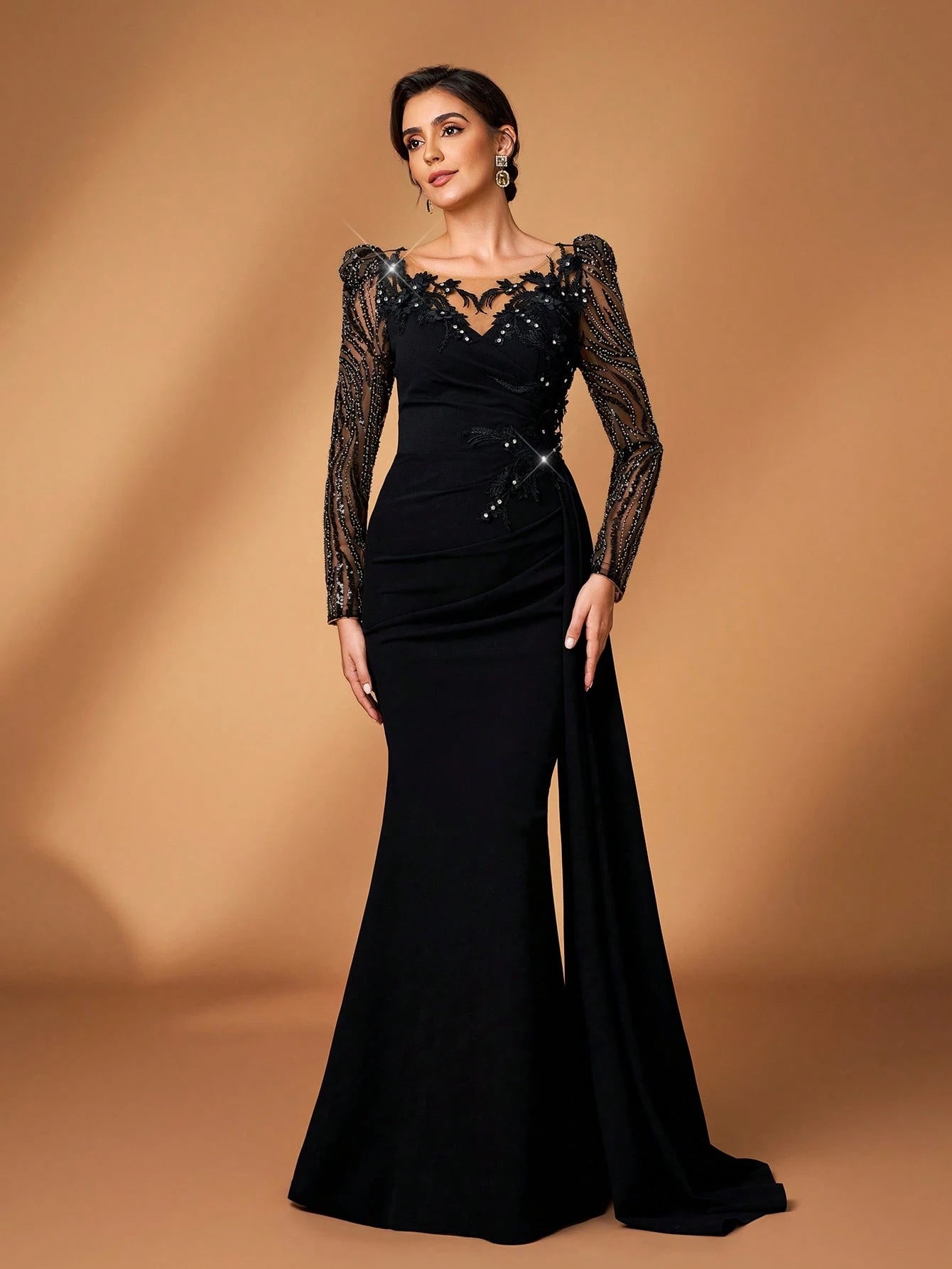 Serin Elegant Black Winter Formal Wedding Mermaid Dress,Luxurious Beaded Sequin Floral Applique Lace - image 6