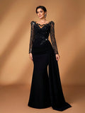 Serin Elegant Black Winter Formal Wedding Mermaid Dress,Luxurious Beaded Sequin Floral Applique Lace
