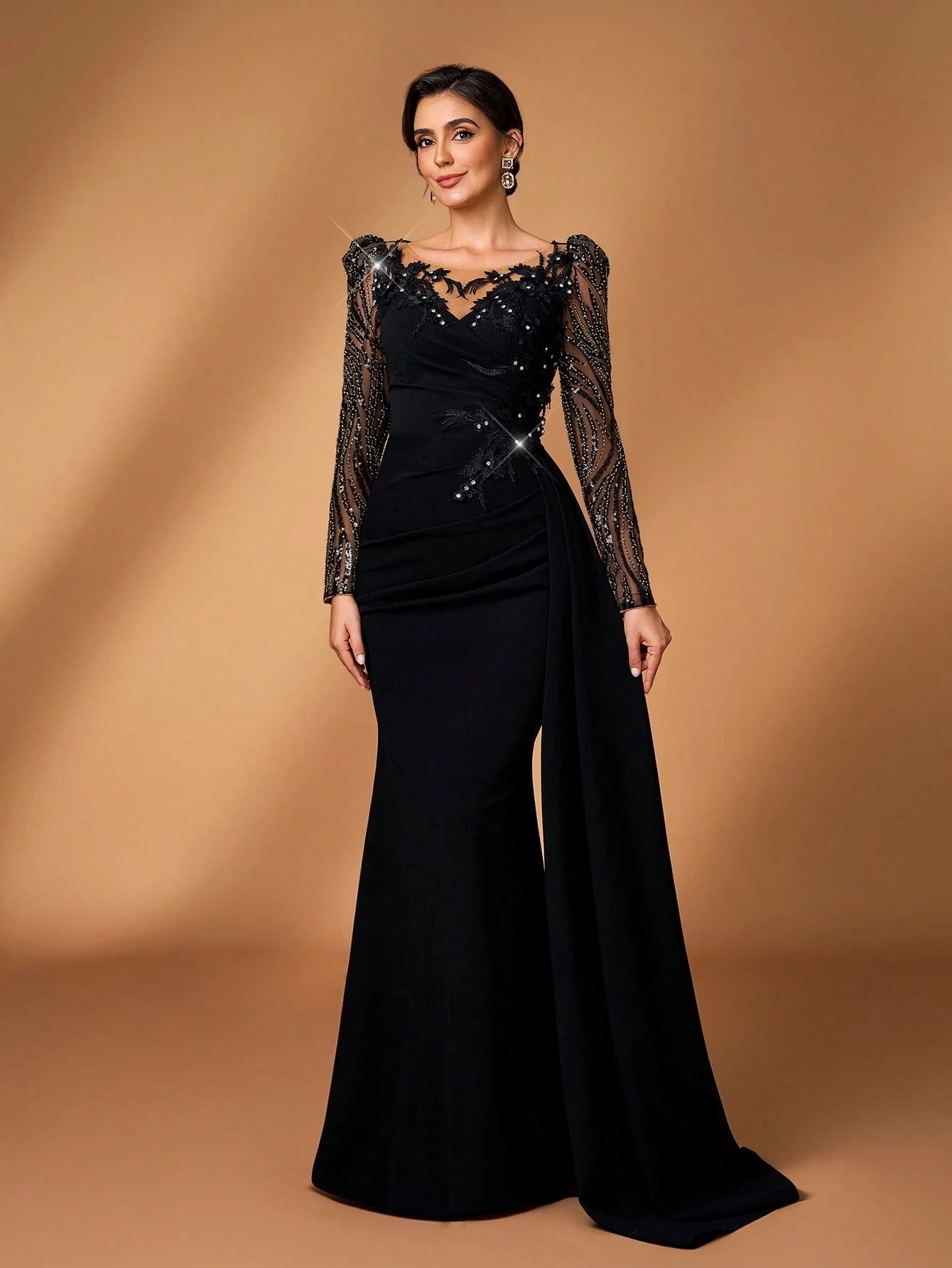 Serin Elegant Black Winter Formal Wedding Mermaid Dress,Luxurious Beaded Sequin Floral Applique Lace