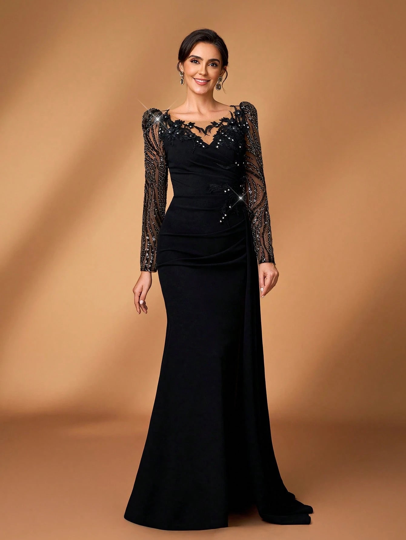 Serin Elegant Black Winter Formal Wedding Mermaid Dress,Luxurious Beaded Sequin Floral Applique Lace - image 7