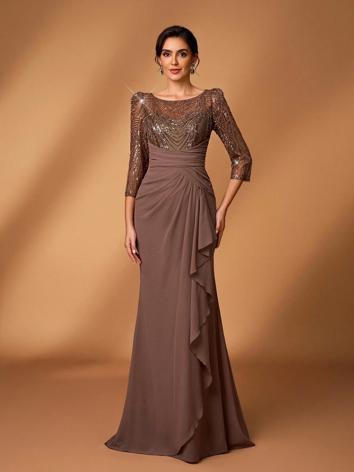 Serin Mocha Winter Elegant Formal Evening Wedding Dress,Luxurious Pearl & Sequin Floral Sheer Long Sleeve - image 4