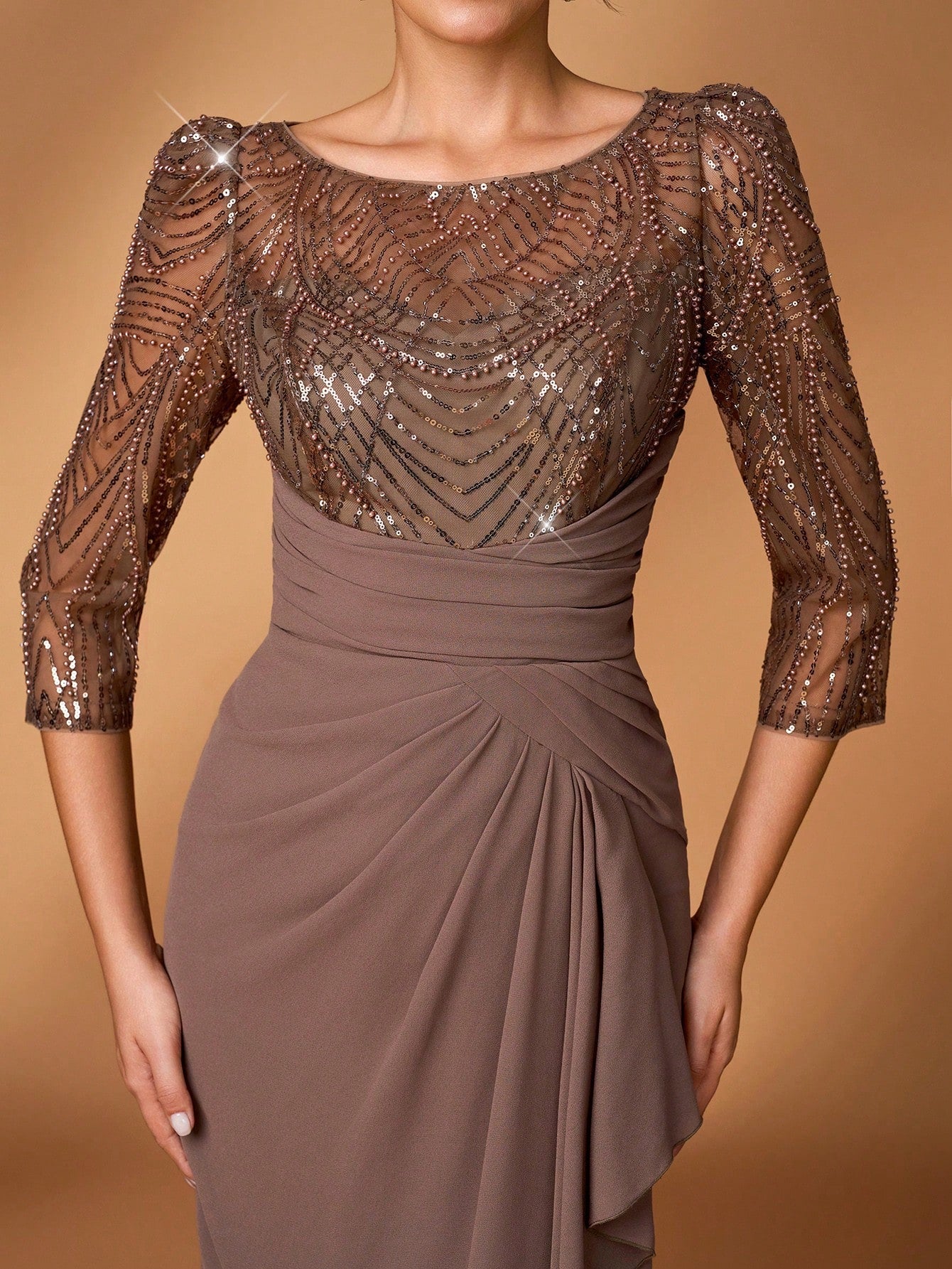 Serin Mocha Winter Elegant Formal Evening Wedding Dress,Luxurious Pearl & Sequin Floral Sheer Long Sleeve - image 5