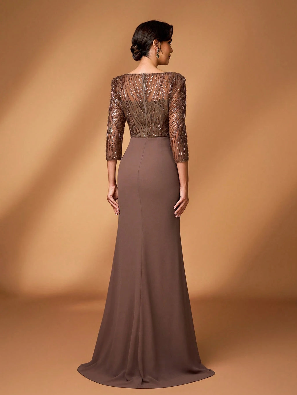 Serin Mocha Winter Elegant Formal Evening Wedding Dress,Luxurious Pearl & Sequin Floral Sheer Long Sleeve - image 3