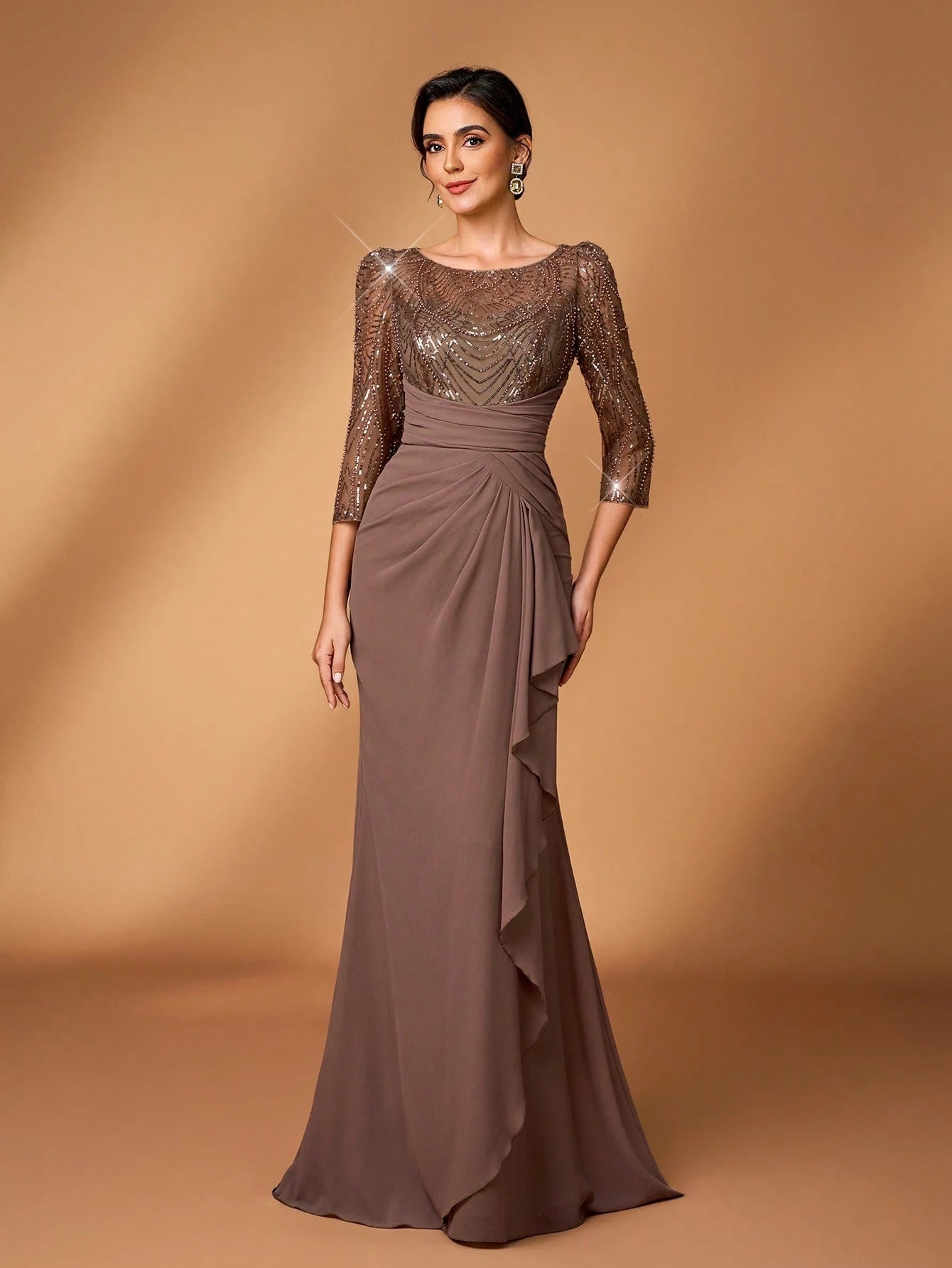 Serin Mocha Winter Elegant Formal Evening Wedding Dress,Luxurious Pearl & Sequin Floral Sheer Long Sleeve