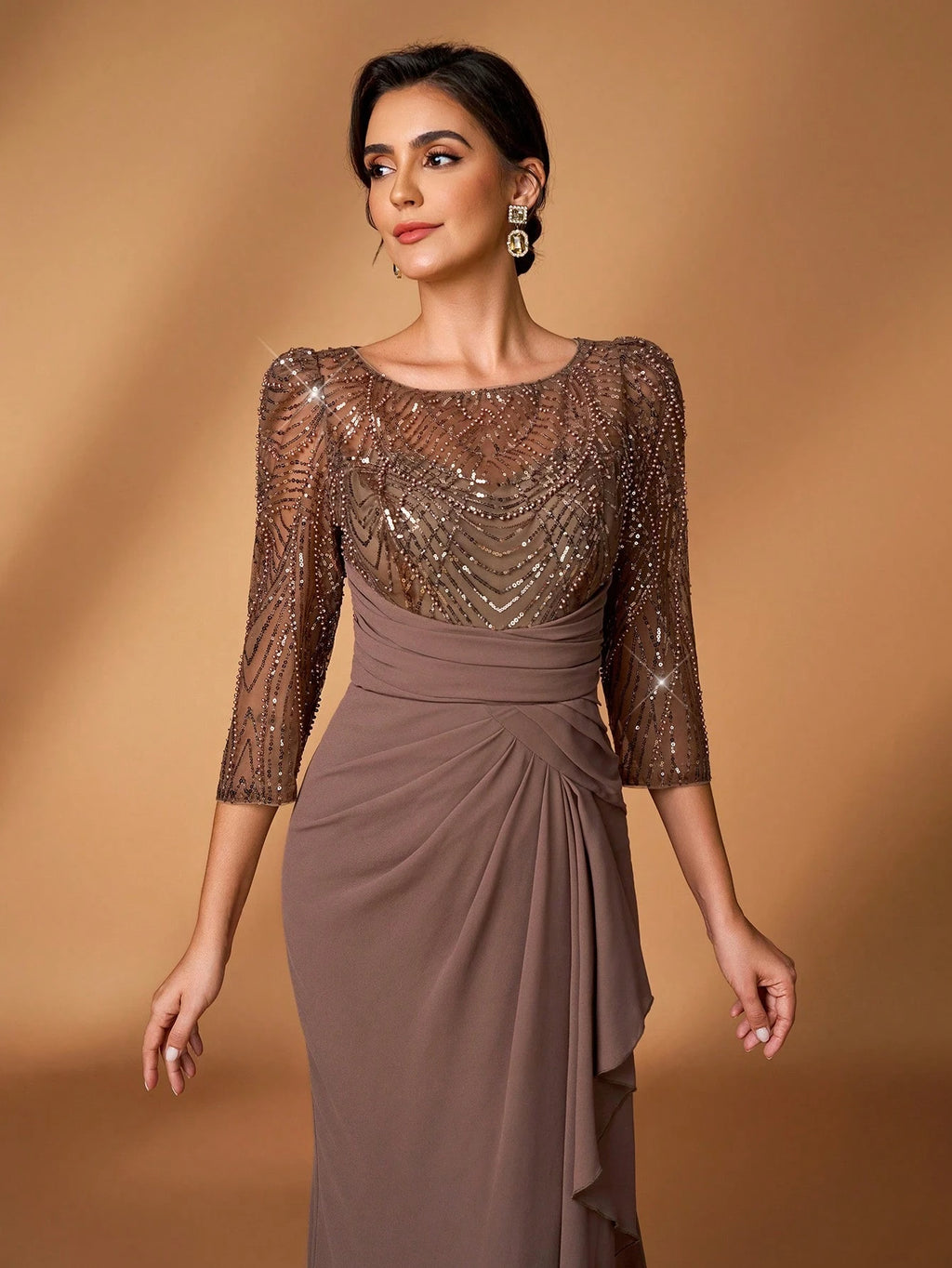 Serin Mocha Winter Elegant Formal Evening Wedding Dress,Luxurious Pearl & Sequin Floral Sheer Long Sleeve - image 2