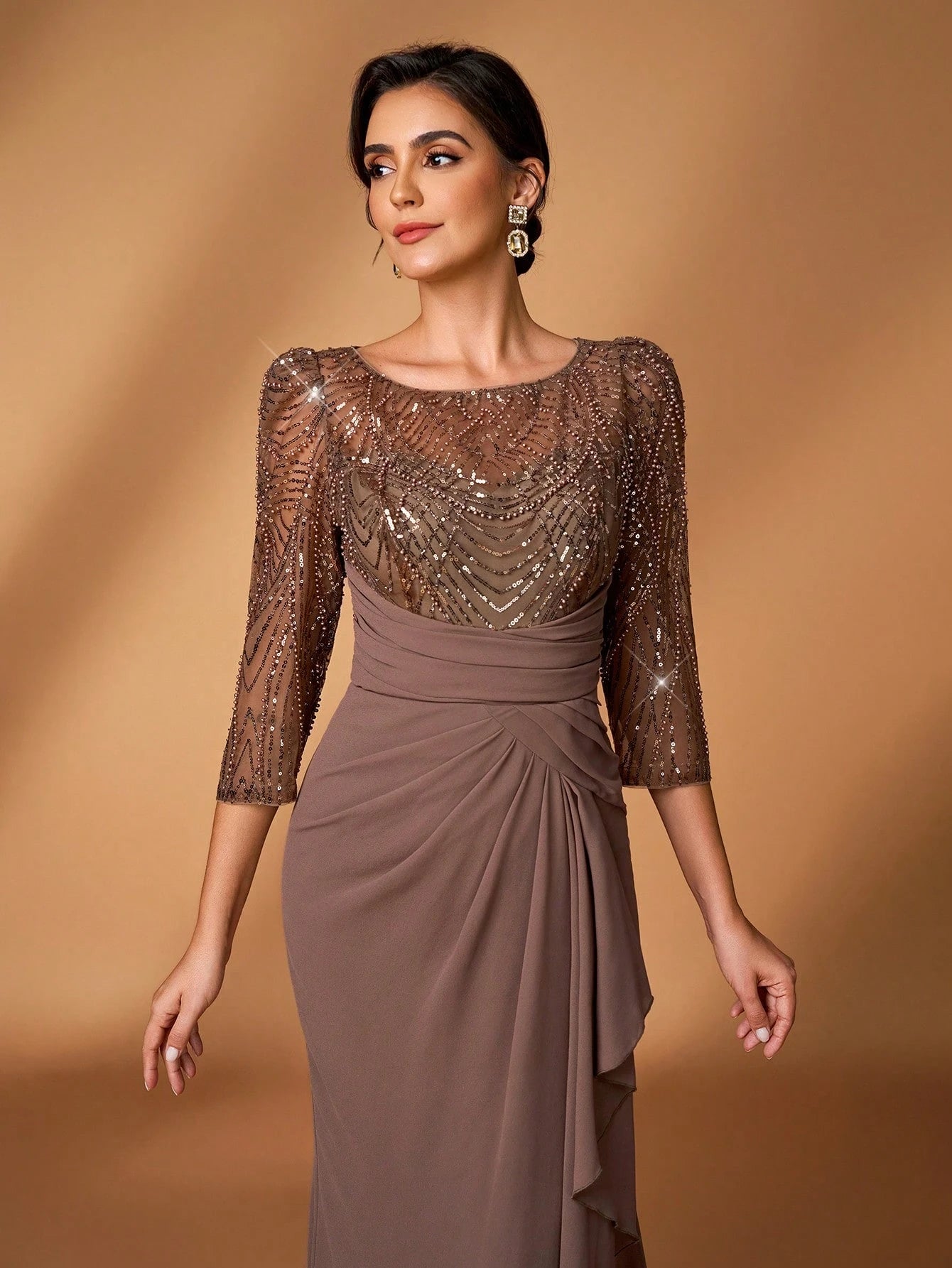 Serin Mocha Winter Elegant Formal Evening Wedding Dress,Luxurious Pearl & Sequin Floral Sheer Long Sleeve - image 2