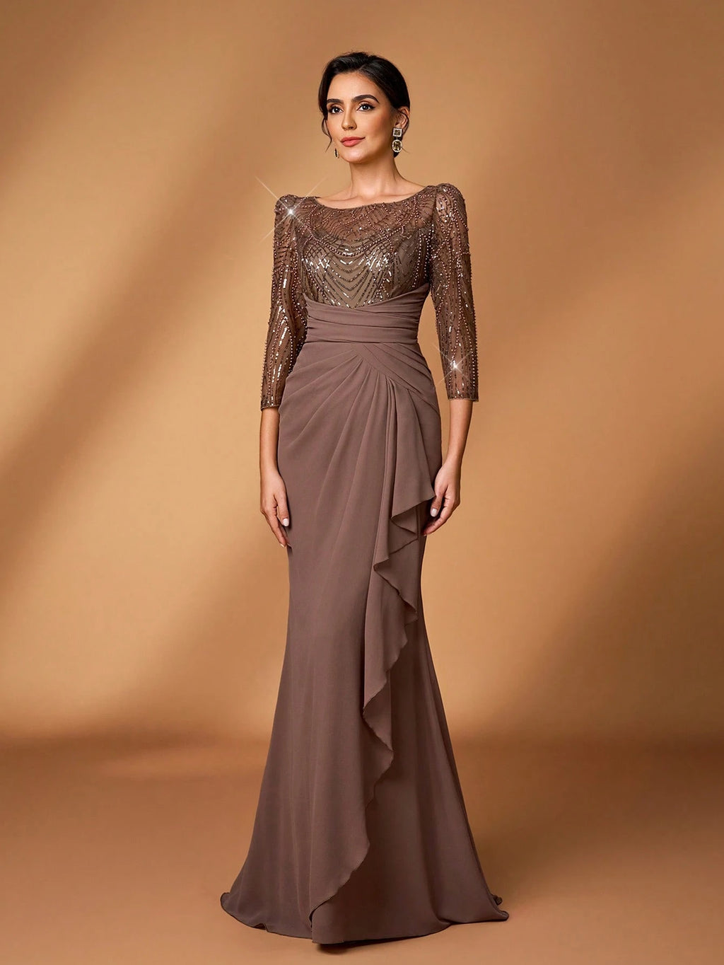 Serin Mocha Winter Elegant Formal Evening Wedding Dress,Luxurious Pearl & Sequin Floral Sheer Long Sleeve - image 6