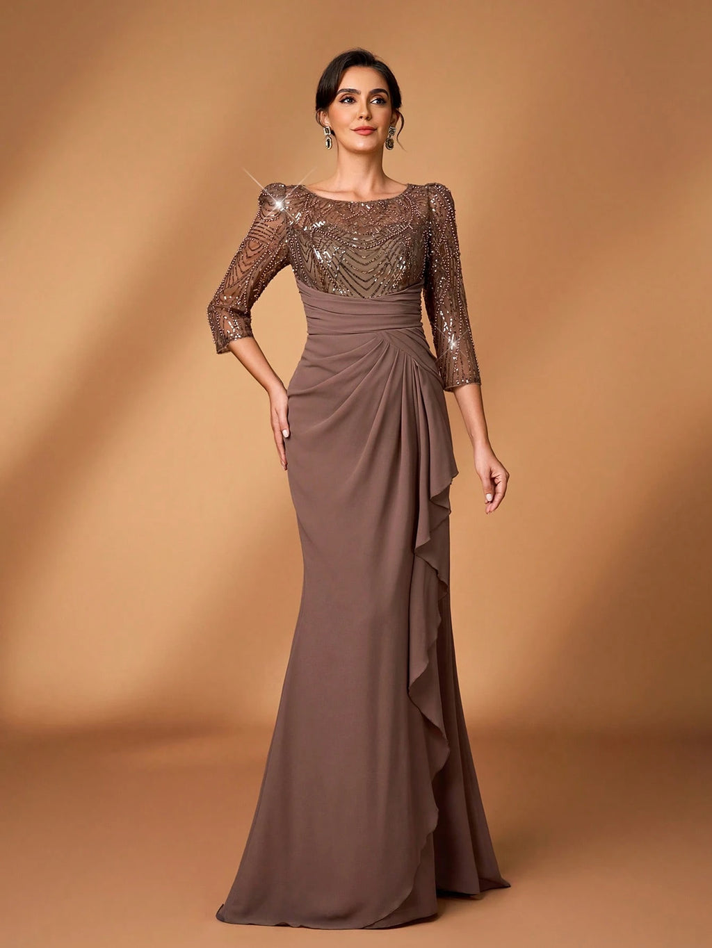 Serin Mocha Winter Elegant Formal Evening Wedding Dress,Luxurious Pearl & Sequin Floral Sheer Long Sleeve - image 7