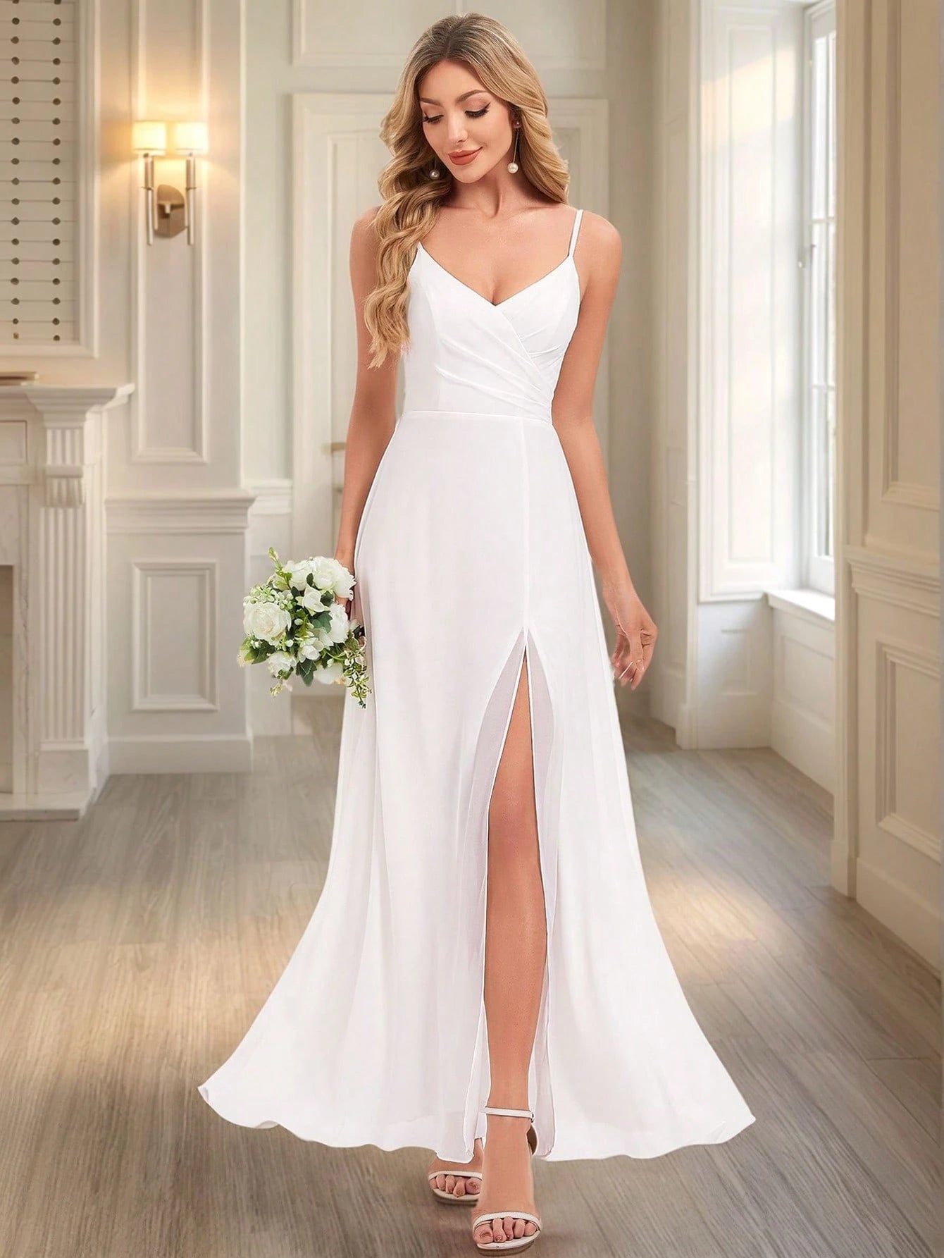 EVERPRETTY Elegant Sexy Solid Color Spaghetti Strap Slit Light Blue