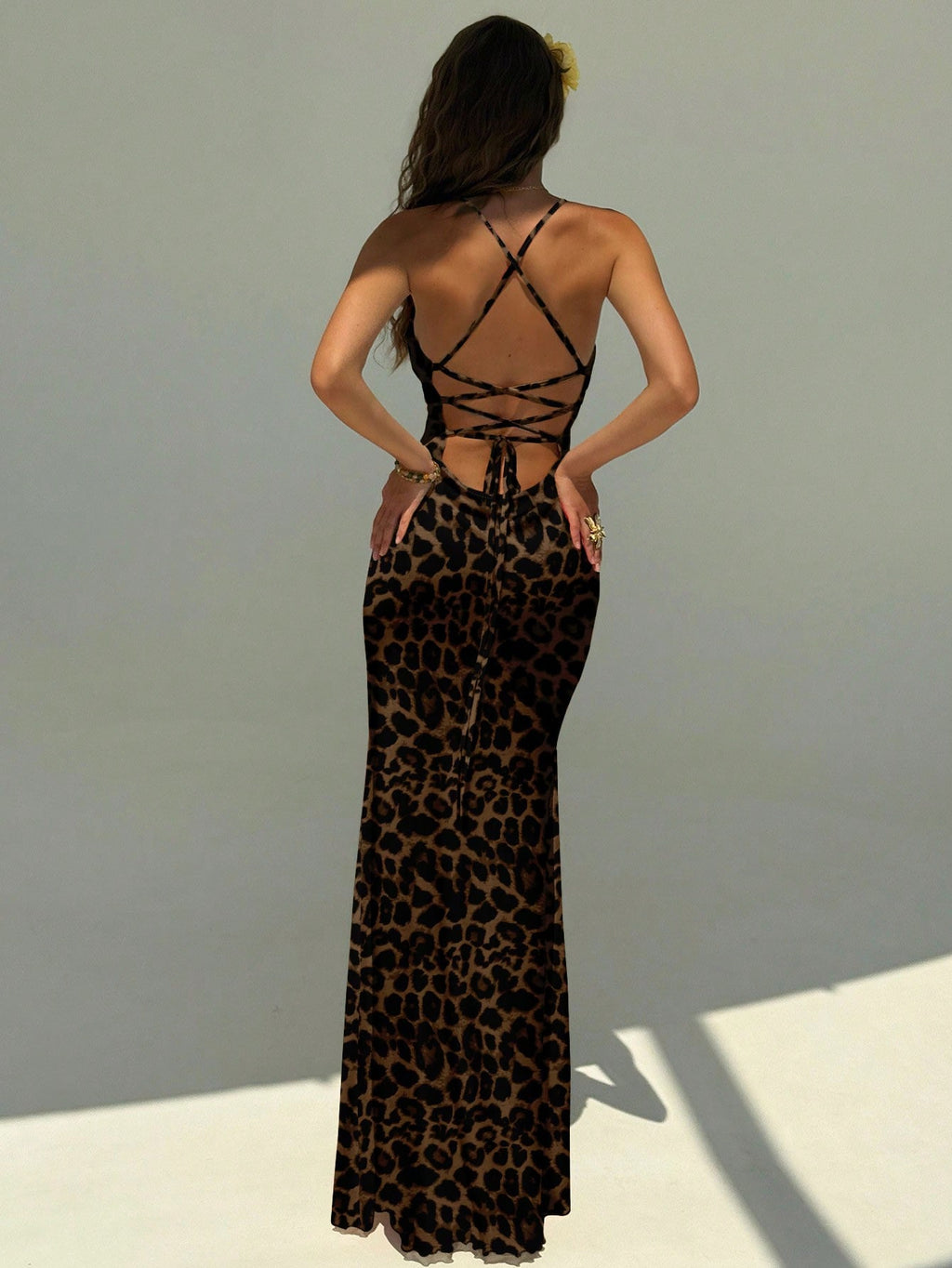 Aloruh Women's Elegant Leopard Print Backless Halter Maxi Party