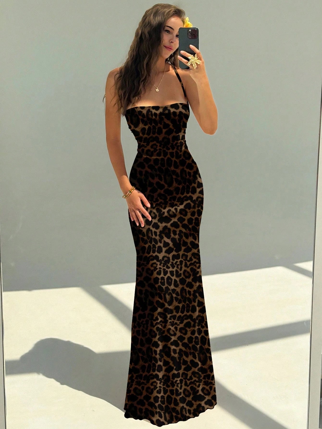 Aloruh Women's Elegant Leopard Print Backless Halter Maxi Party