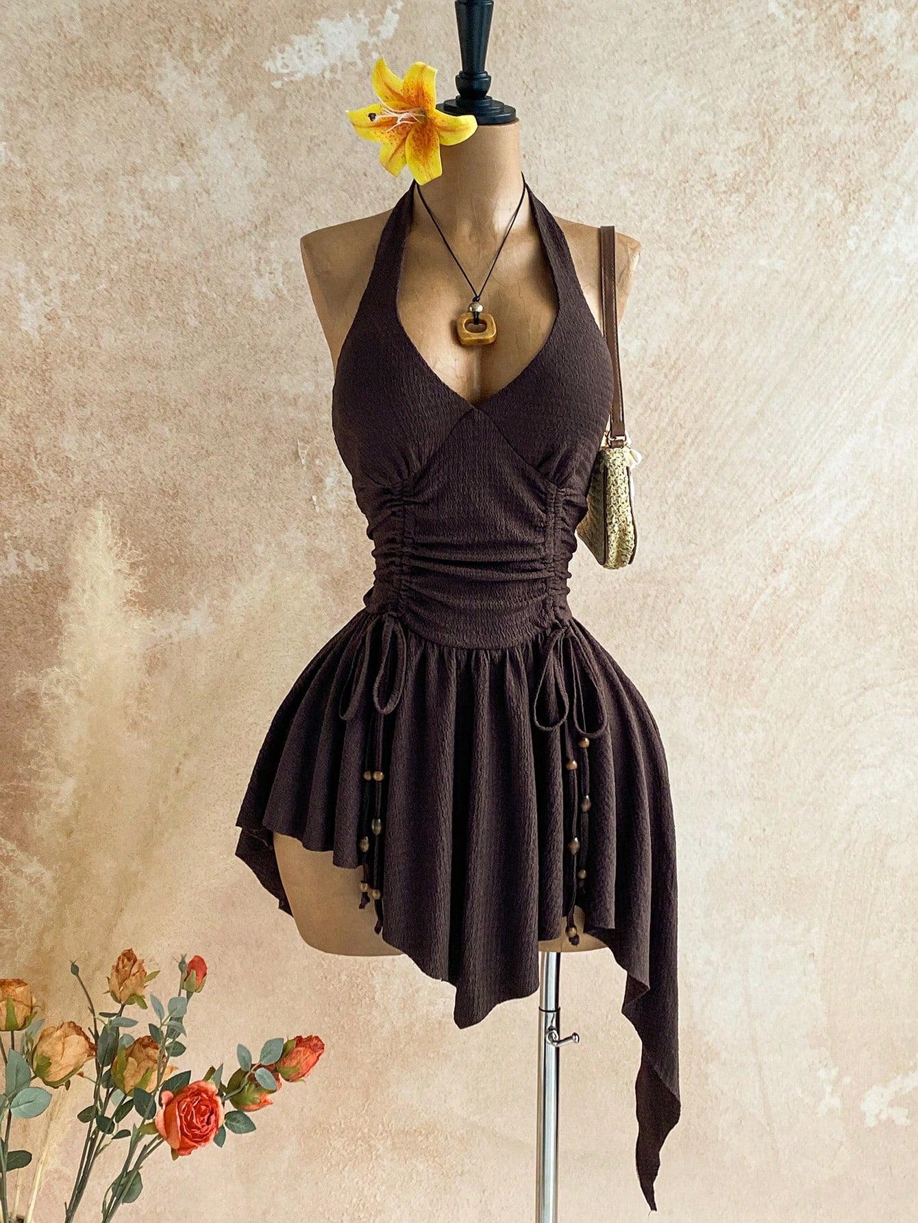 Soleia Deep V Neck Tie-Up Waist Wooden Bead Asymmetrical Hem Mini