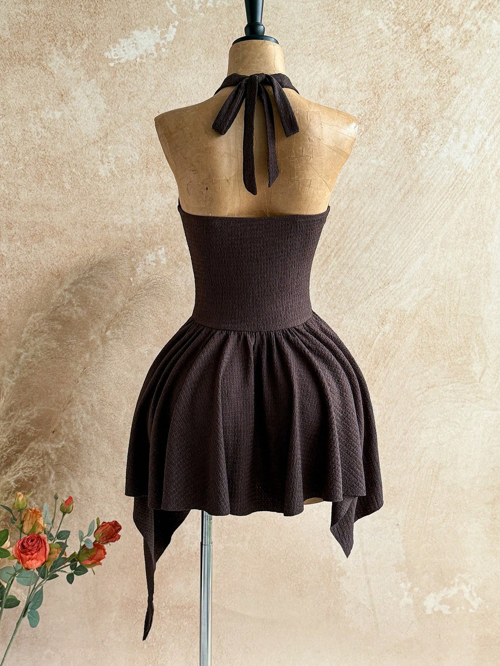 Soleia Deep V Neck Tie-Up Waist Wooden Bead Asymmetrical Hem Mini