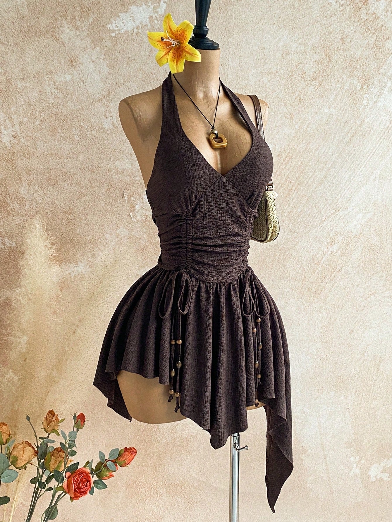 Soleia Deep V Neck Tie-Up Waist Wooden Bead Asymmetrical Hem Mini