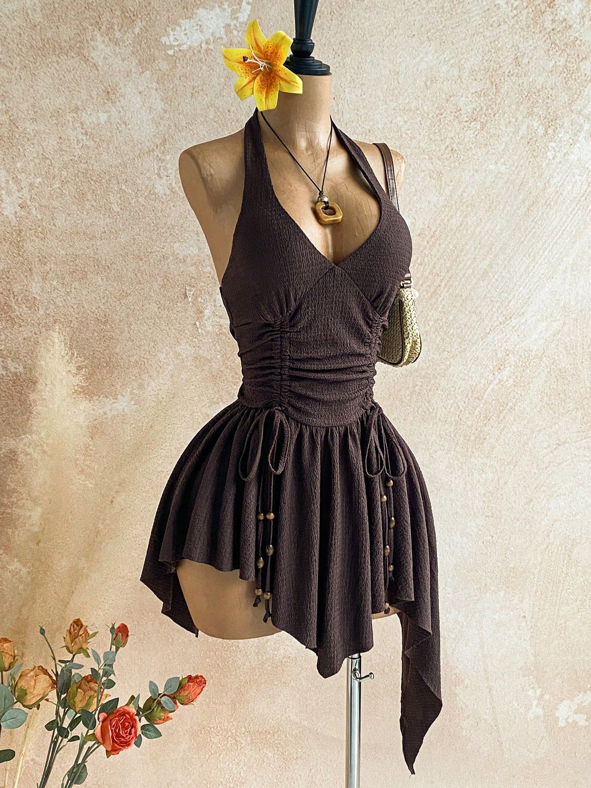 Soleia Deep V Neck Tie-Up Waist Wooden Bead Asymmetrical Hem Mini Dress,Women's Vintage Black Summer Boho - image 20