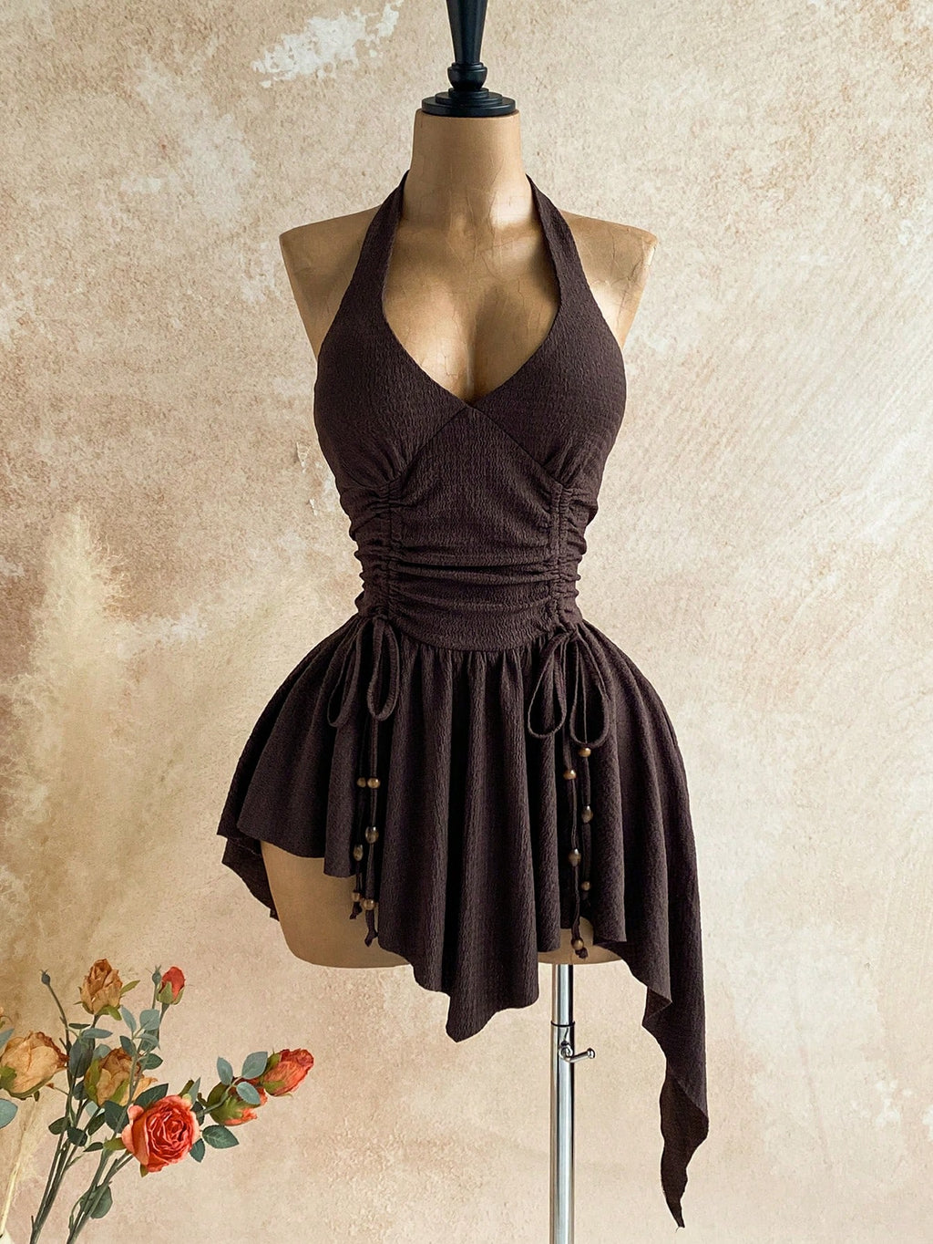 Soleia Deep V Neck Tie-Up Waist Wooden Bead Asymmetrical Hem Mini