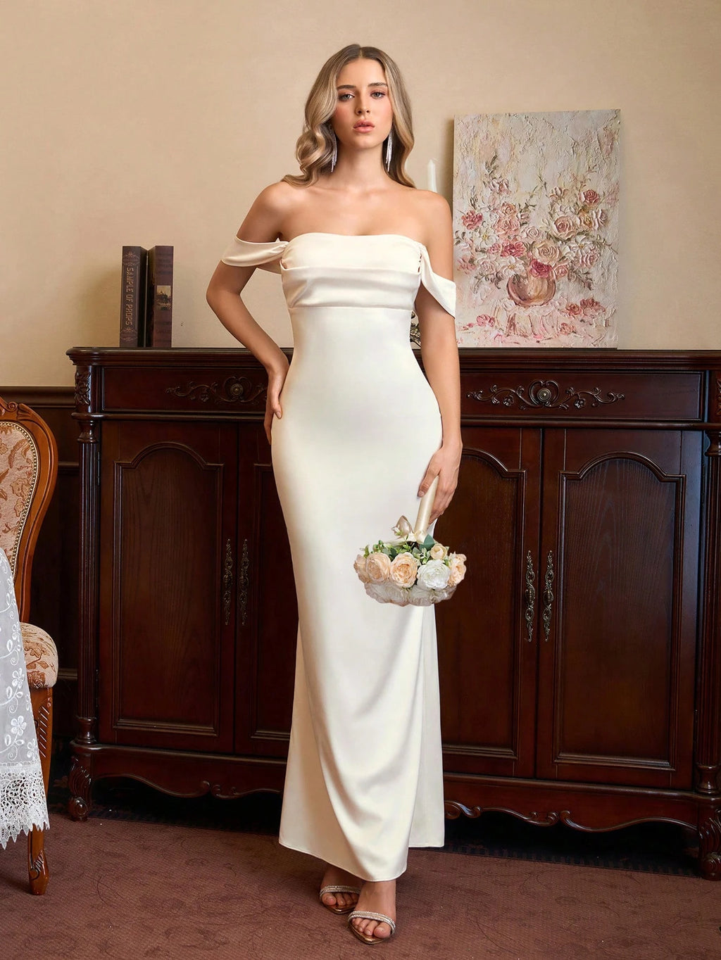 PARTHEA Open Shoulder Ruched Satin Elegant Bridesmaid Dress Wedding - image 8
