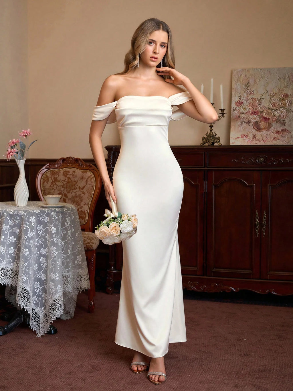 PARTHEA Open Shoulder Ruched Satin Elegant Bridesmaid Dress Wedding - image 4