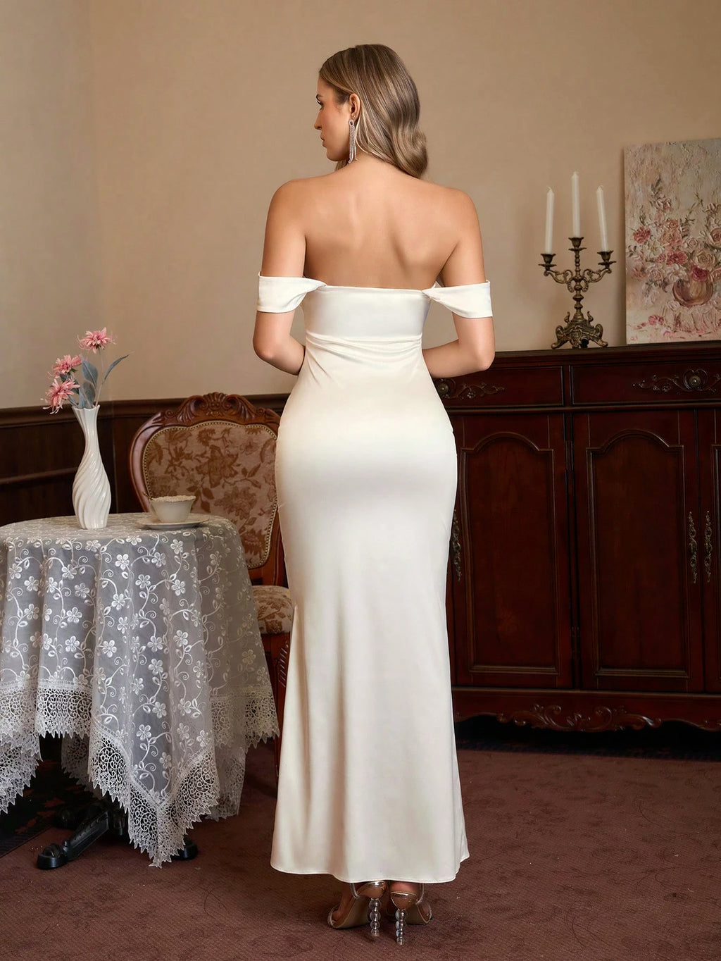 PARTHEA Open Shoulder Ruched Satin Elegant Bridesmaid Dress Wedding - image 2