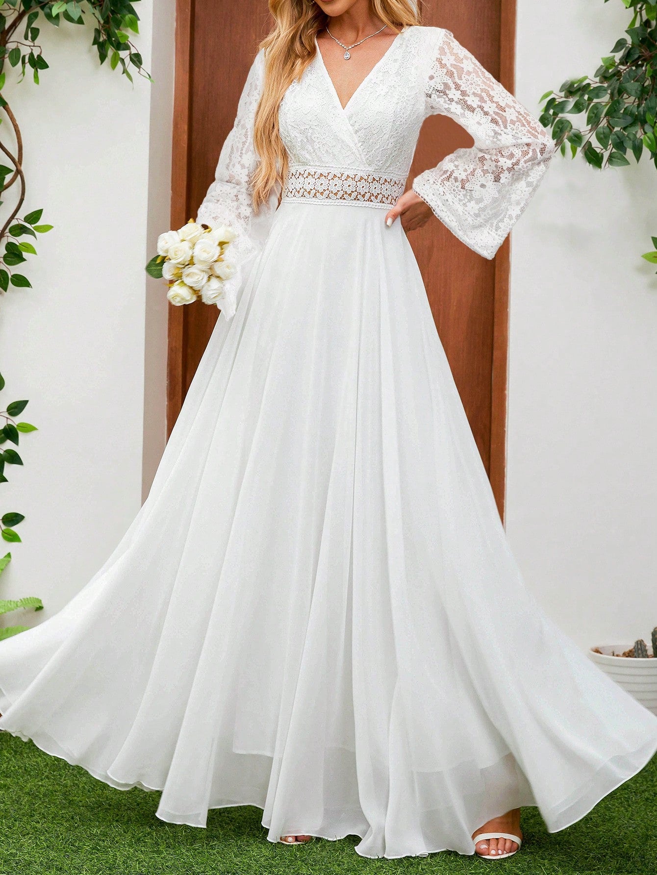 Floral Lace Dress, Chiffon Long Sleeve V-Neck Design, Suitable For Weddings Or Formal Occasions | Delicate - image 3