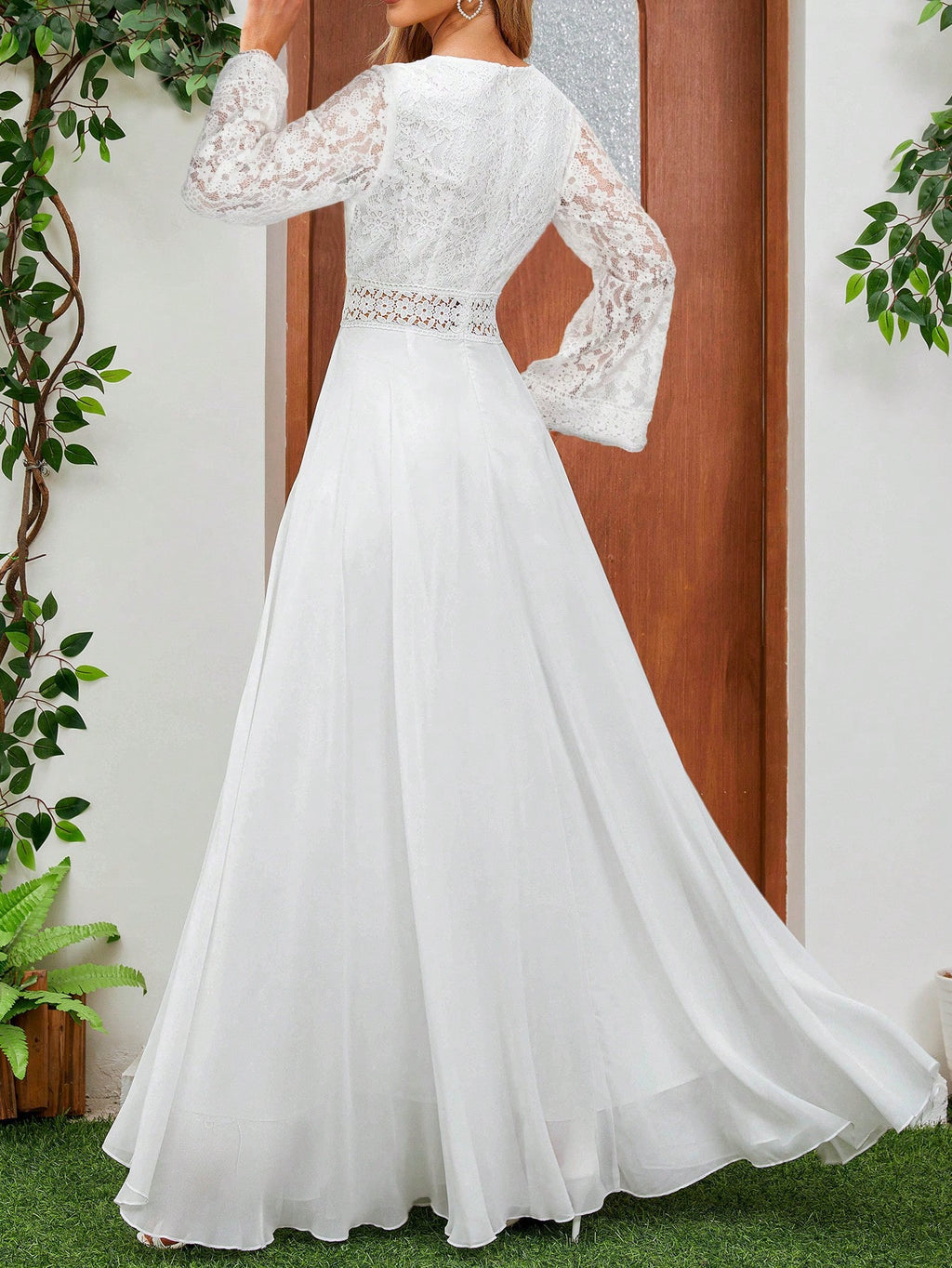 Floral Lace Dress, Chiffon Long Sleeve V-Neck Design, Suitable For Weddings Or Formal Occasions | Delicate - image 4