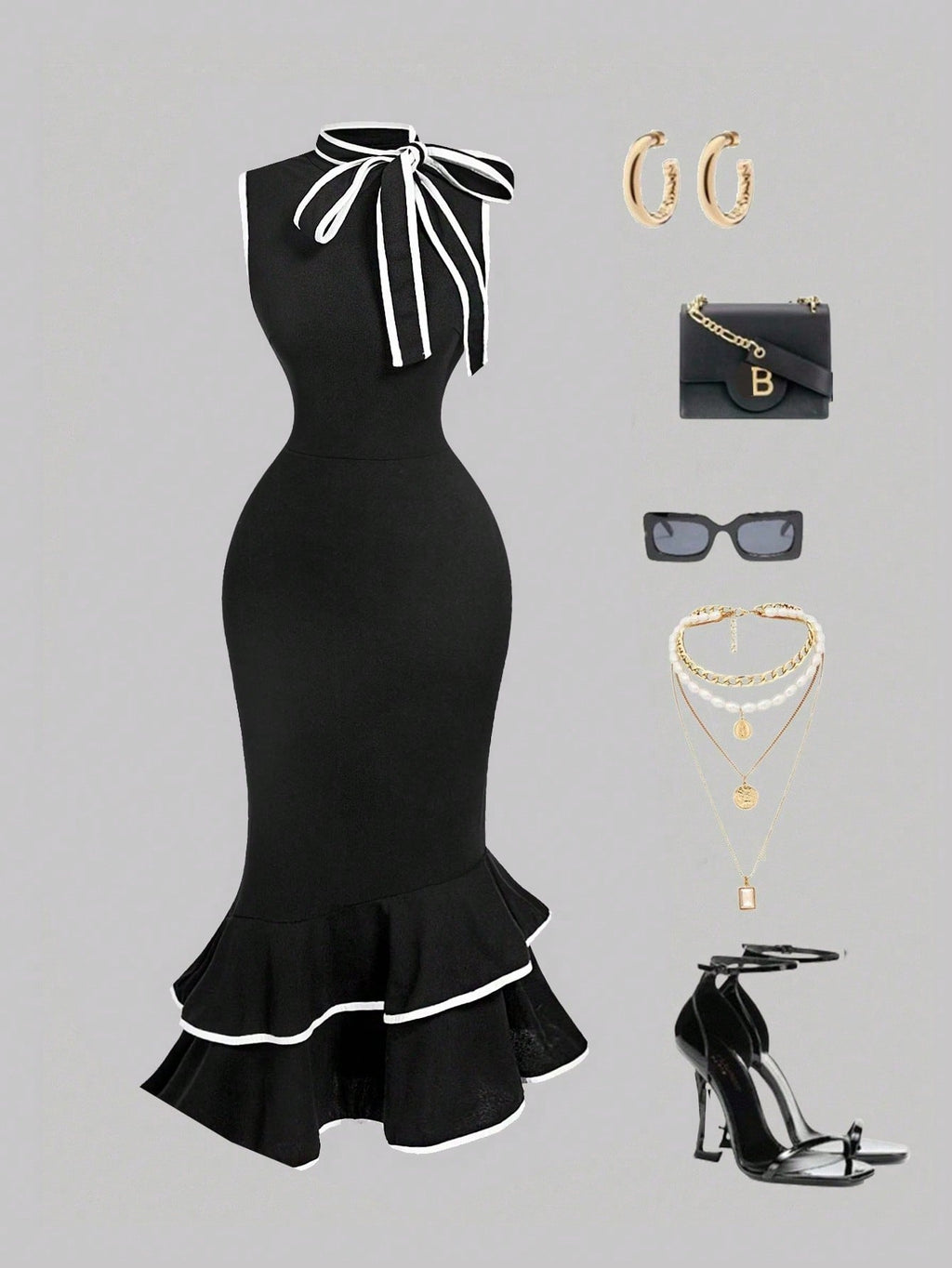 MOD Women's Sleeveless Midi Dress With Tie Neck, Black Bow And White,