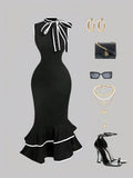 MOD Women's Sleeveless Midi Dress With Tie Neck, Black Bow And White,