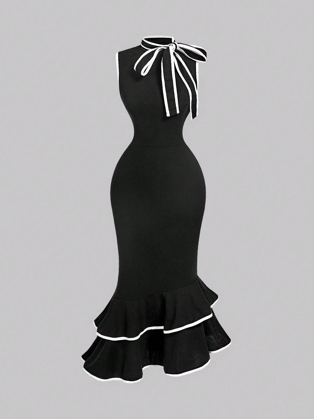 MOD Women's Sleeveless Midi Dress With Tie Neck, Black Bow And White,