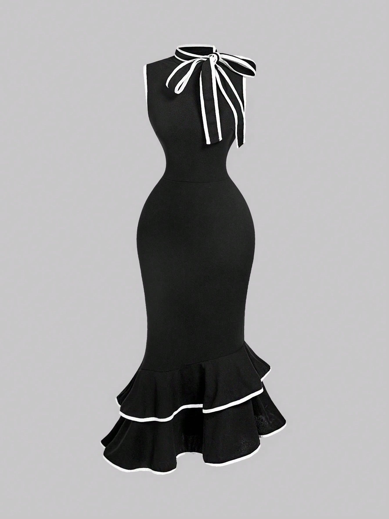 MOD Women's Sleeveless Midi Dress With Tie Neck, Black Bow And White,