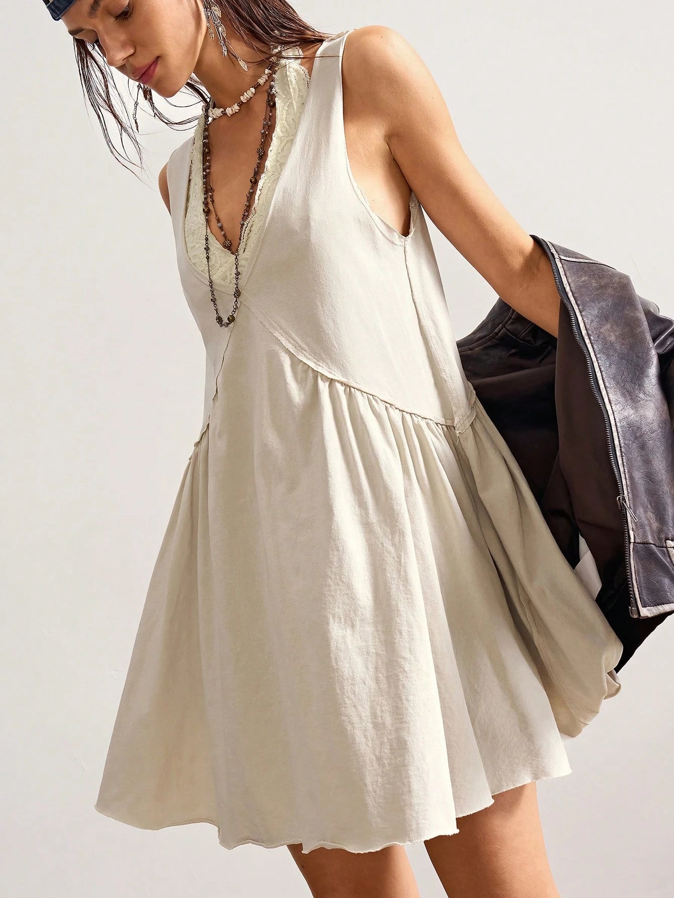Bohemela Casual Solid Color V-Neck Loose Knit Mini Dress For