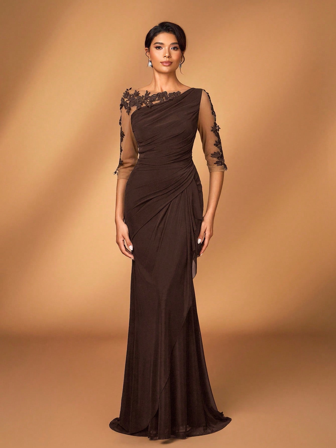 Serin Black Winter Elegant Formal Wedding Embroidered Lace Sheer Long