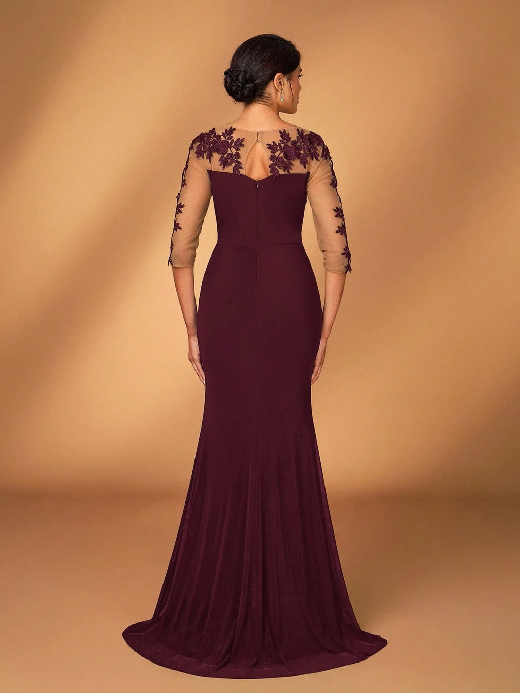 Serin Black Winter Elegant Formal Wedding Embroidered Lace Sheer Long Sleeve Elastic Knit Mesh Ruched Mermaid - image 10