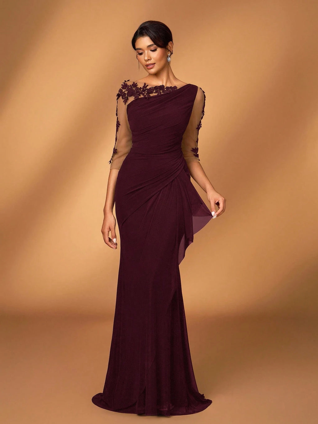 Serin Black Winter Elegant Formal Wedding Embroidered Lace Sheer Long Sleeve Elastic Knit Mesh Ruched Mermaid - image 11
