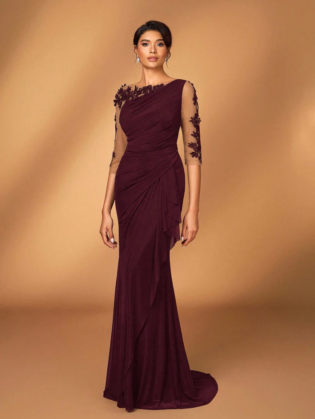 Serin Black Winter Elegant Formal Wedding Embroidered Lace Sheer Long Sleeve Elastic Knit Mesh Ruched Mermaid - image 14
