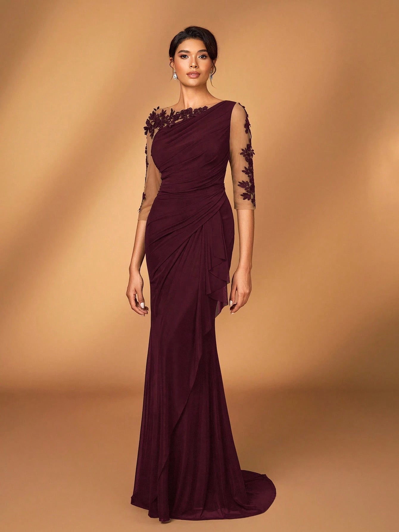 Serin Black Winter Elegant Formal Wedding Embroidered Lace Sheer Long Sleeve Elastic Knit Mesh Ruched Mermaid - image 14