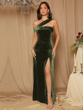 Belle Asymmetrical Shoulder Split Thigh Velvet Bridesmaid Dress Elegant Dress