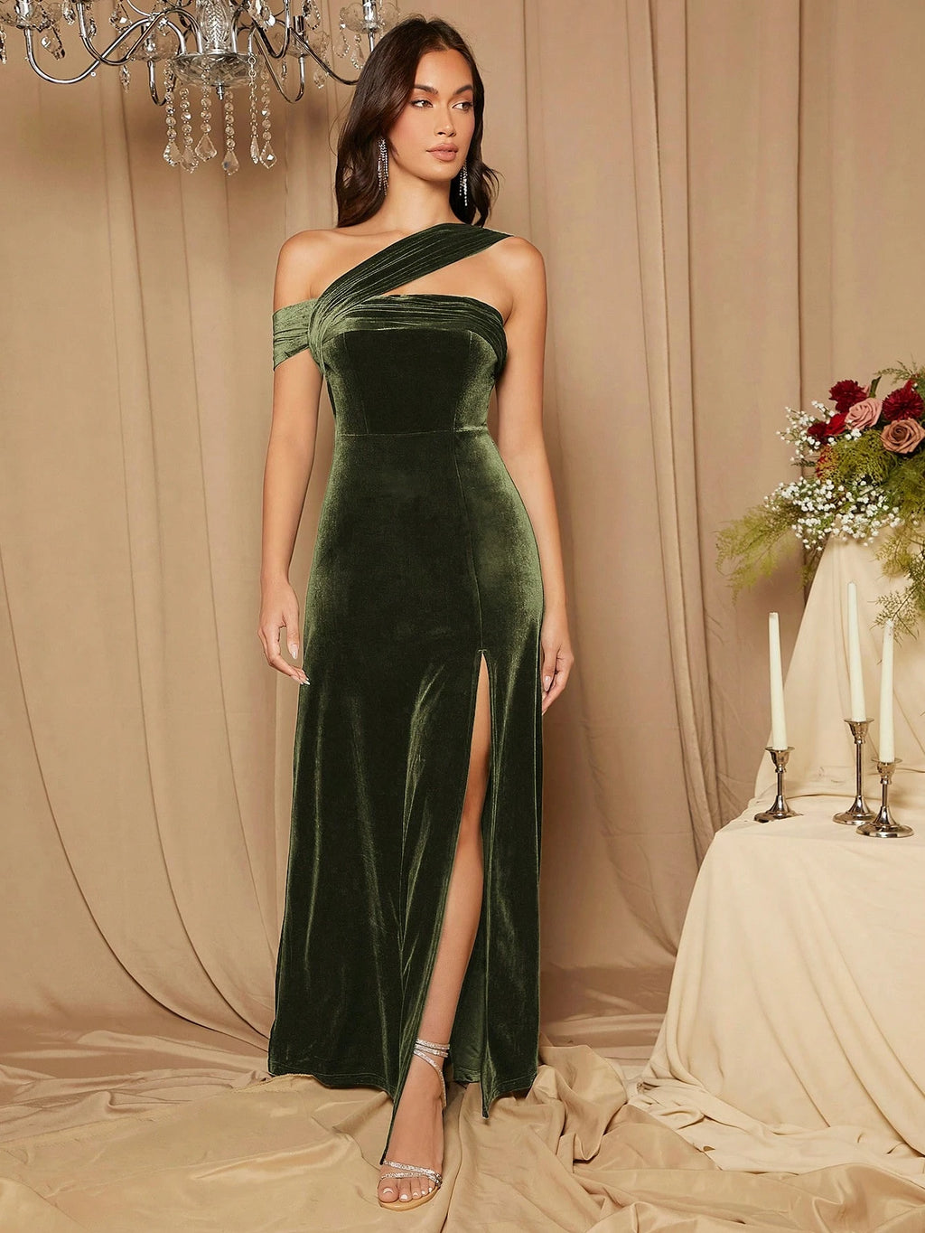 Belle Asymmetrical Shoulder Split Thigh Velvet Bridesmaid Dress Elegant Dress - image 4