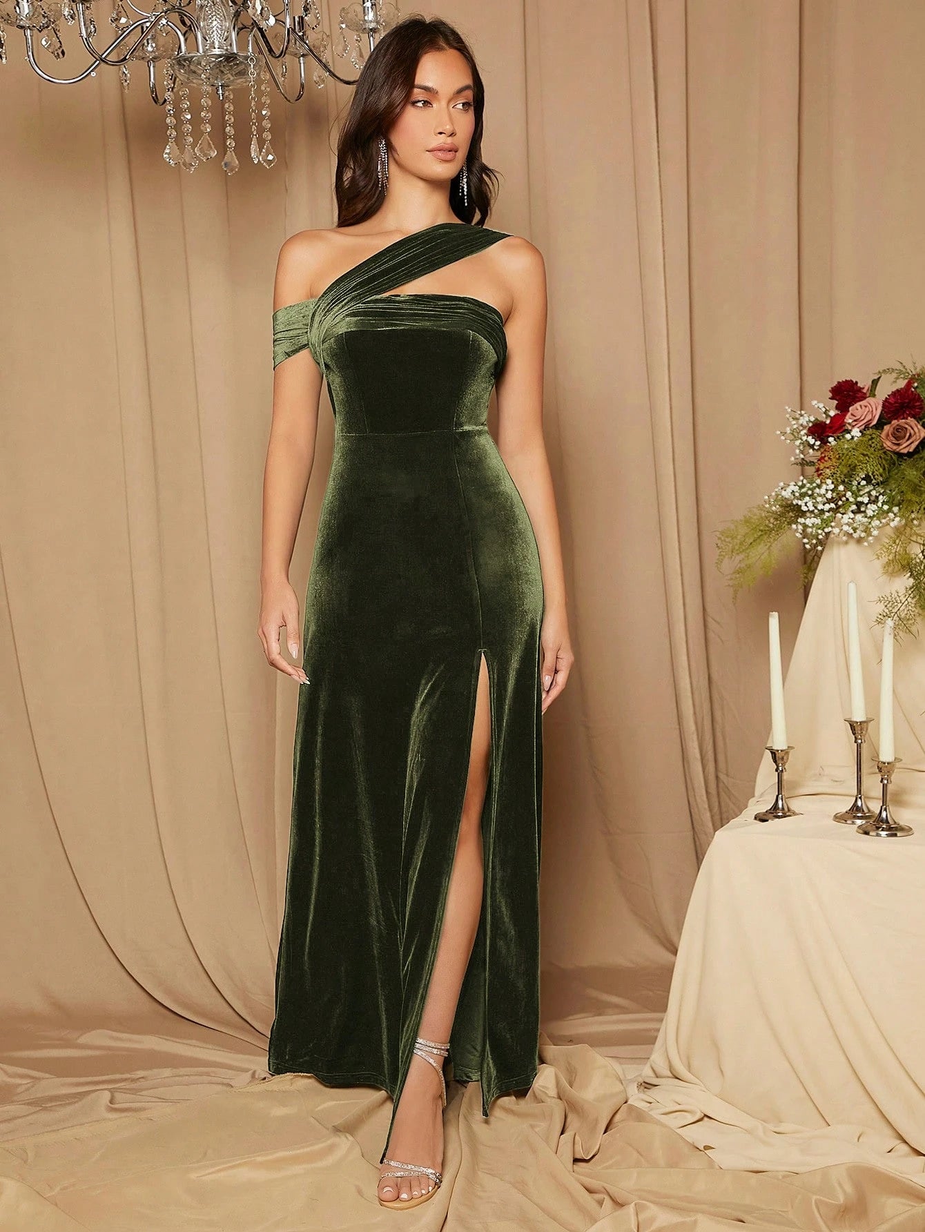 Belle Asymmetrical Shoulder Split Thigh Velvet Bridesmaid Dress Elegant Dress - image 4