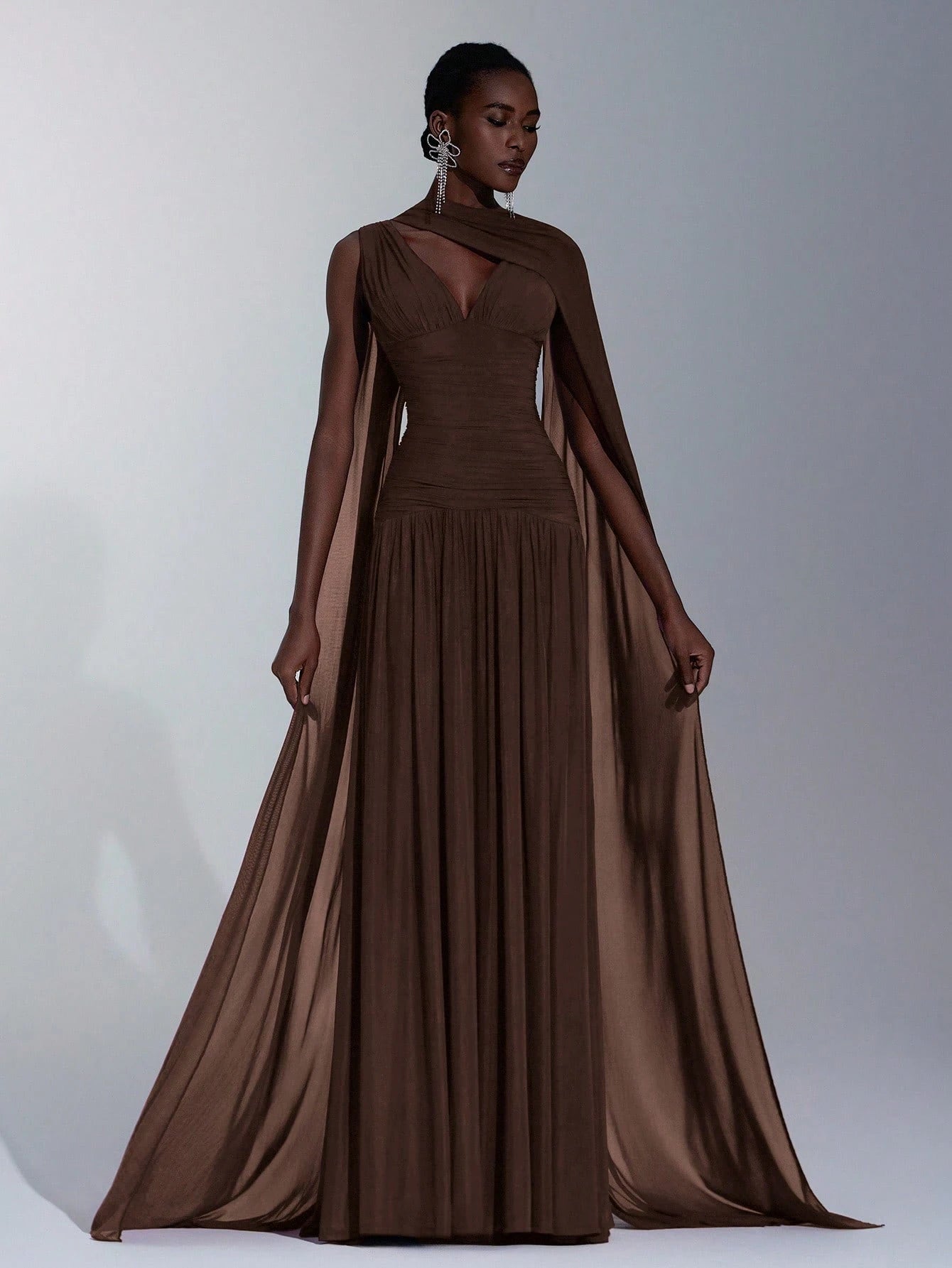 Elitara Elegant Burgundy Glossy Mesh V-Neck Ruched A-Line Skirt With
