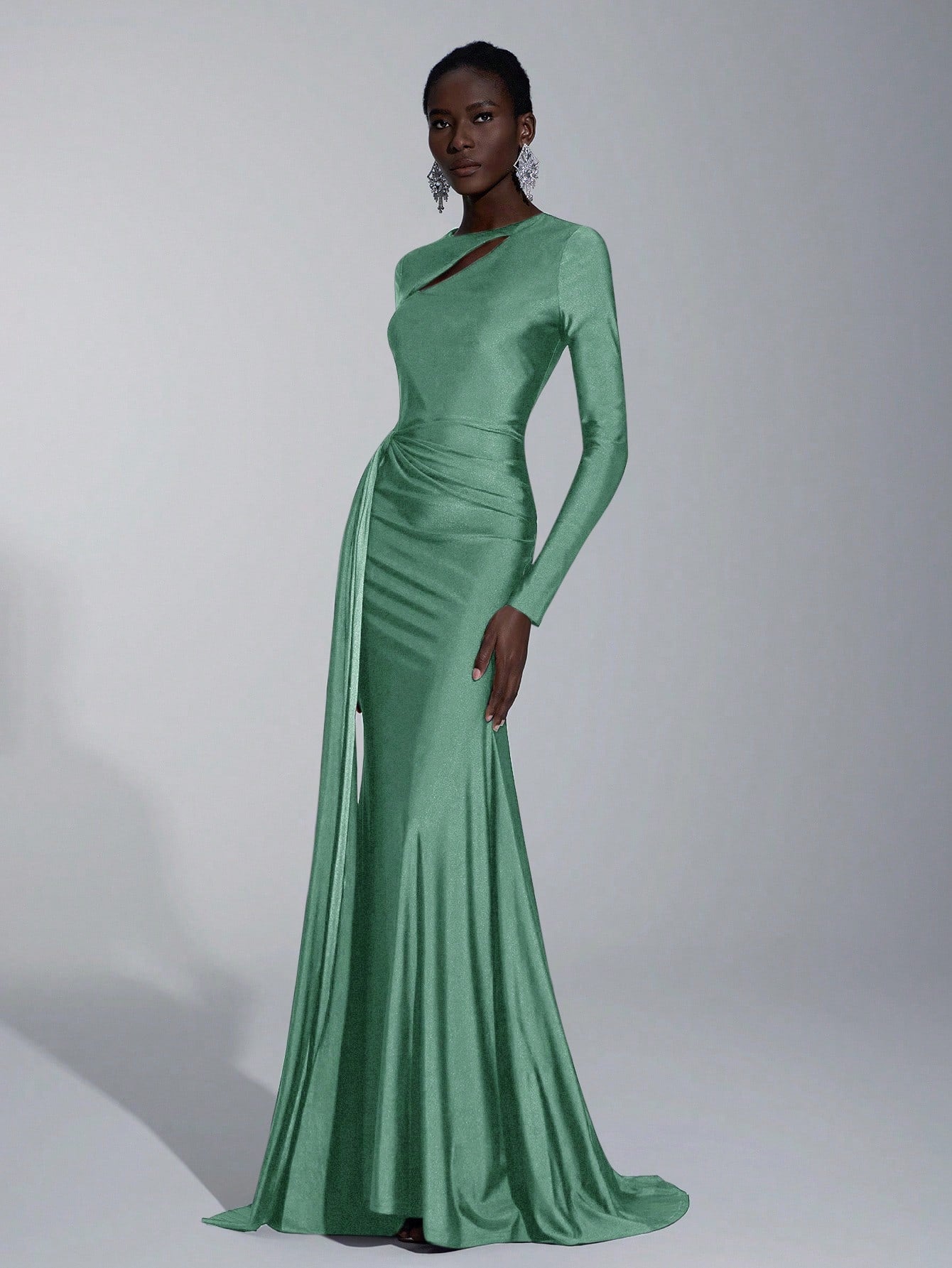 Elitara Elegant,Sage Green,Spring,Formal,Evening,Wedding Guest Knitted Dress,Long Sleeve Hollow-Out Fishtail - image 15