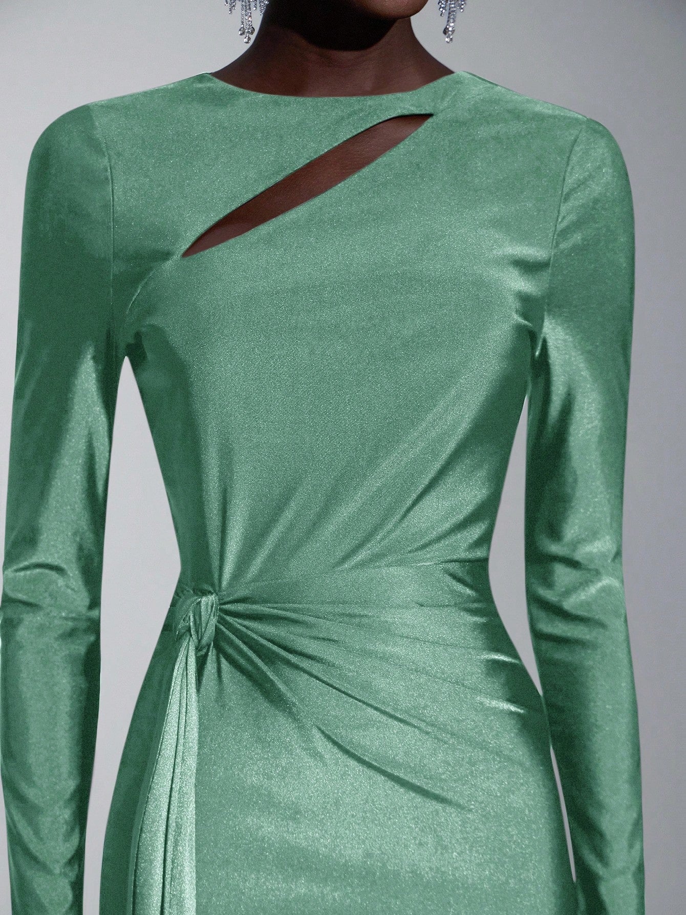 Elitara Elegant,Sage Green,Spring,Formal,Evening,Wedding Guest Knitted Dress,Long Sleeve Hollow-Out Fishtail - image 16