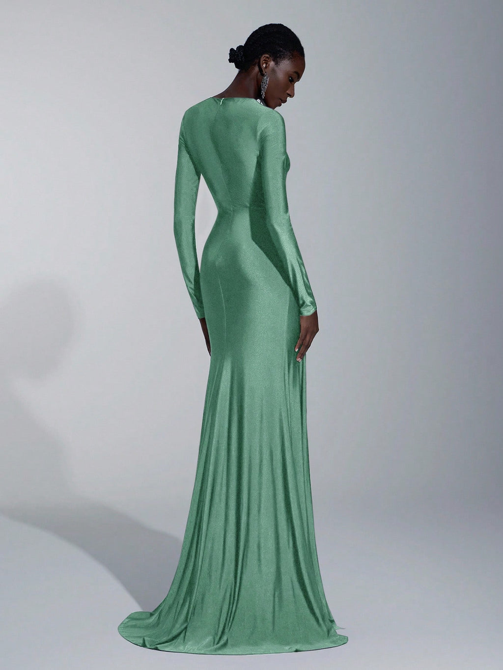 Elitara Elegant,Sage Green,Spring,Formal,Evening,Wedding Guest Knitted Dress,Long Sleeve Hollow-Out Fishtail - image 17