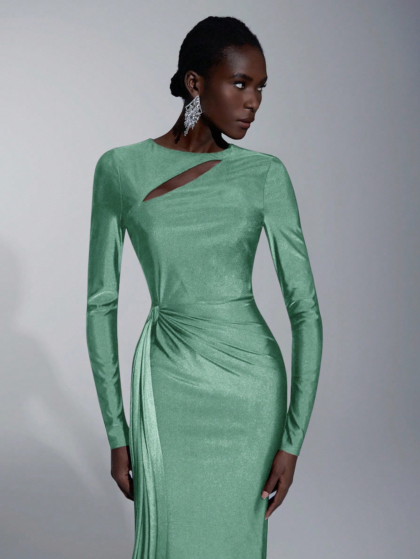 Elitara Elegant,Sage Green,Spring,Formal,Evening,Wedding Guest Knitted Dress,Long Sleeve Hollow-Out Fishtail - image 18