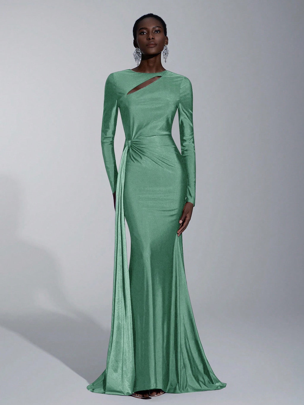 Elitara Elegant,Sage Green,Spring,Formal,Evening,Wedding Guest Knitted Dress,Long Sleeve Hollow-Out Fishtail - image 19