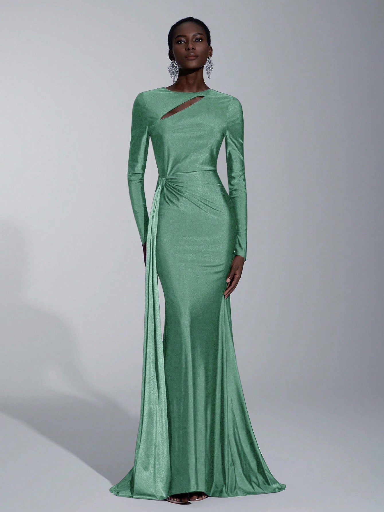 Elitara Elegant,Sage Green,Spring,Formal,Evening,Wedding Guest Knitted Dress,Long Sleeve Hollow-Out Fishtail - image 19