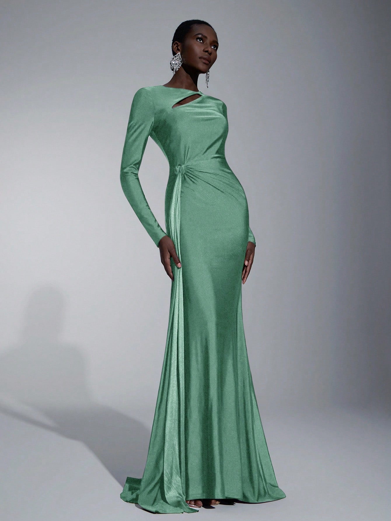 Elitara Elegant,Sage Green,Spring,Formal,Evening,Wedding Guest Knitted Dress,Long Sleeve Hollow-Out Fishtail - image 20