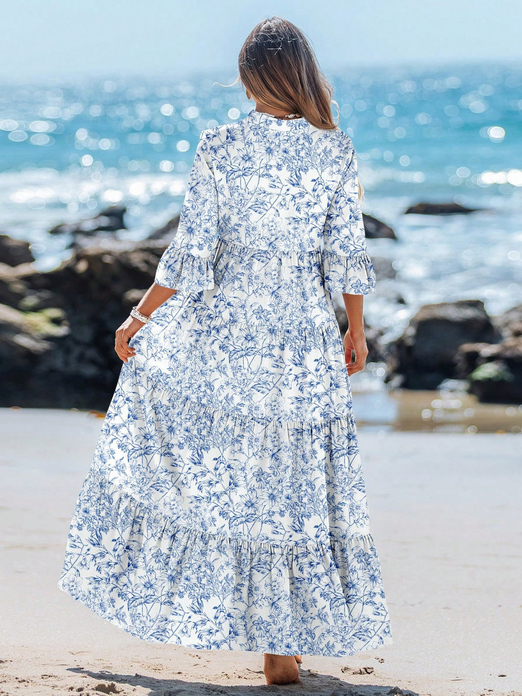 Sylviya Casual Tropical Boho Floral Pattern V-Neck Long Sleeve