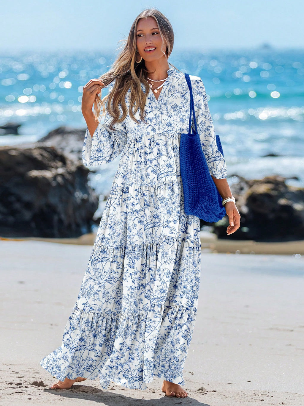 Sylviya Casual Tropical Boho Floral Pattern V-Neck Long Sleeve