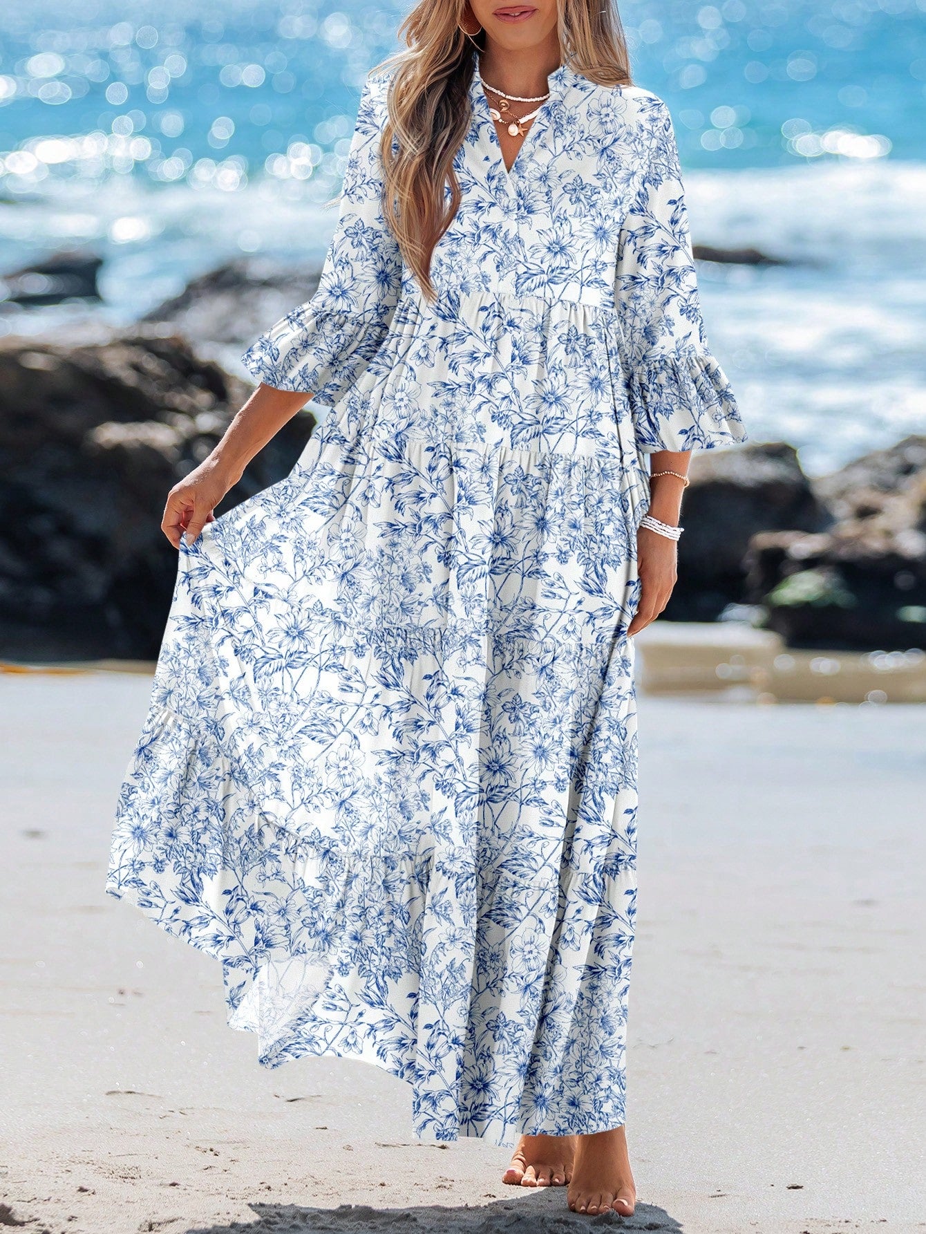 Sylviya Casual Tropical Boho Floral Pattern V-Neck Long Sleeve