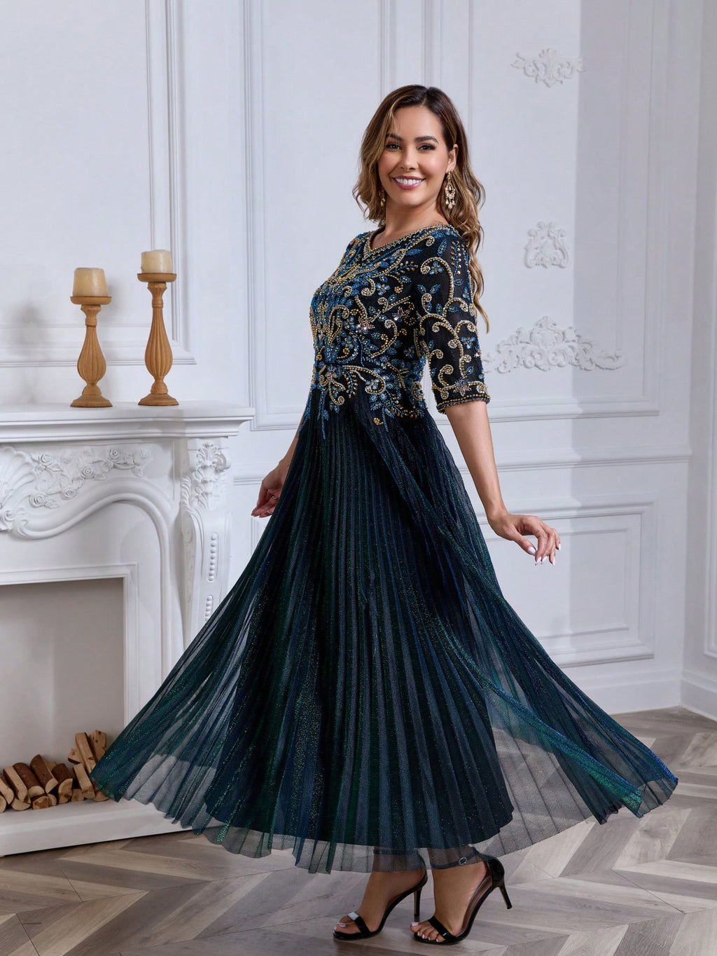 JINLICX Luxury Royal Blue V-Neck Beaded Pleated Party Dress - image 2